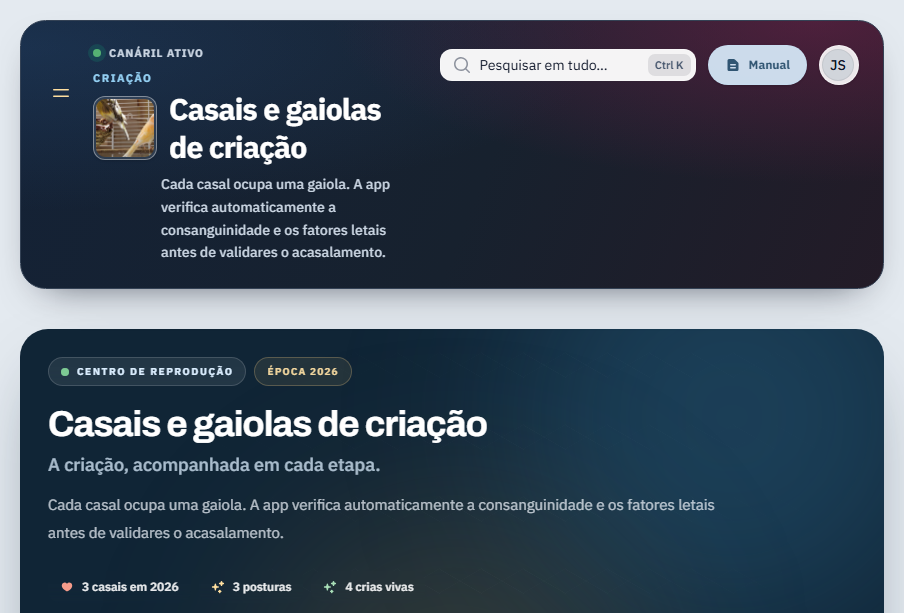 Página completa de casais e gaiolas