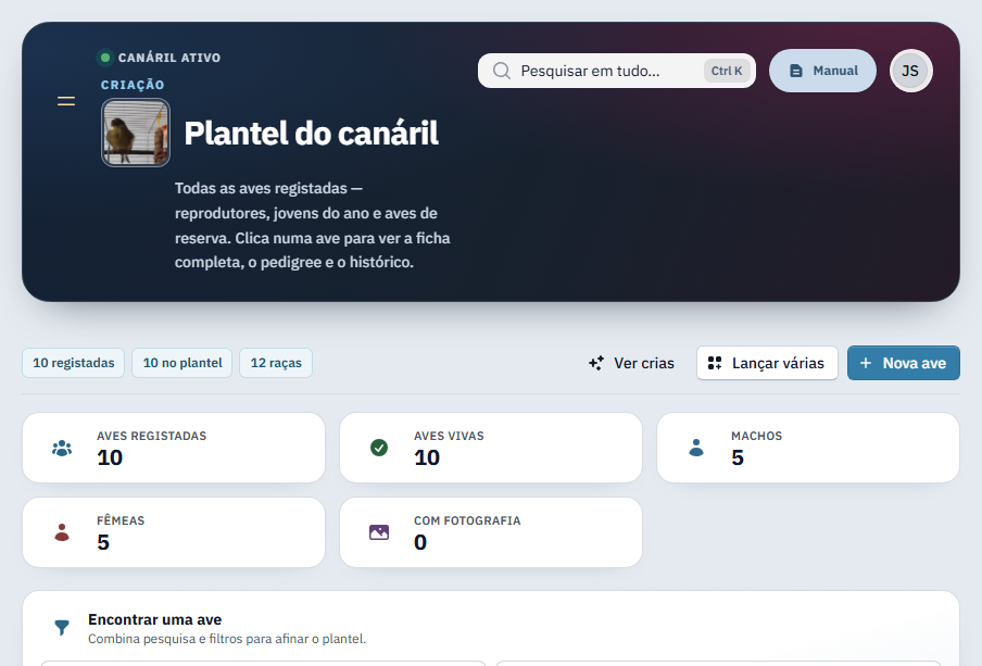 Página completa de gestão do plantel